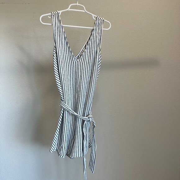 Splendid White & Navy Blue Striped Sleeveless V Neck Belted Onesie Romper - Picture 2 of 7